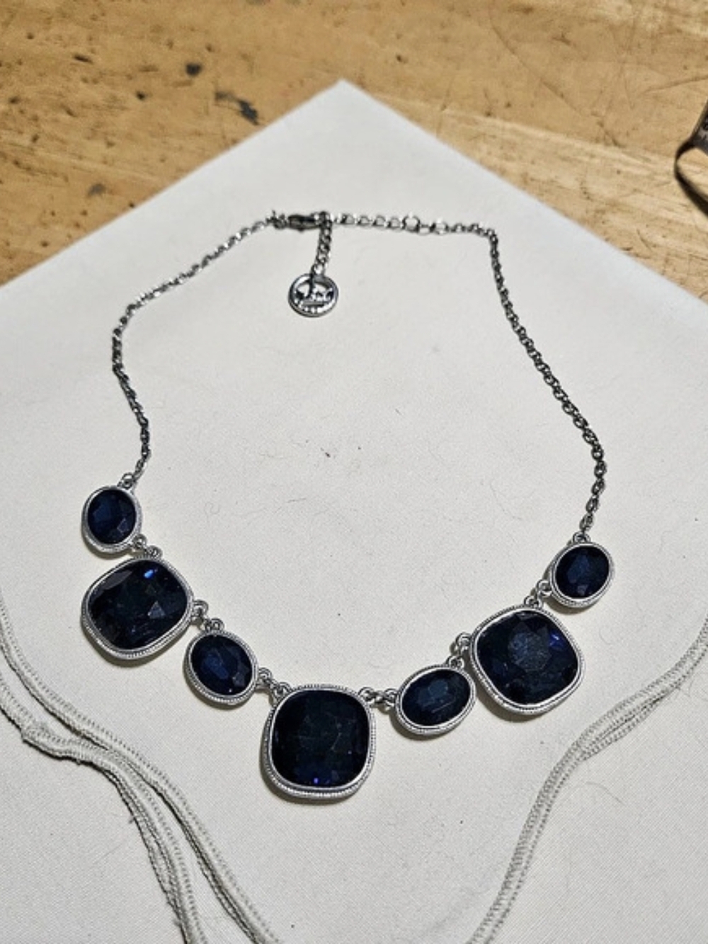 Vintage Signed Trifari Faceted Royal Blue Silvertone Chain Necklace